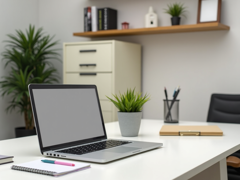 An organized home office desk with minimal clutter and efficient storage solutions.