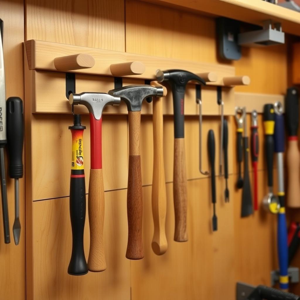 Organized tool rack with various hammers in a workshop.