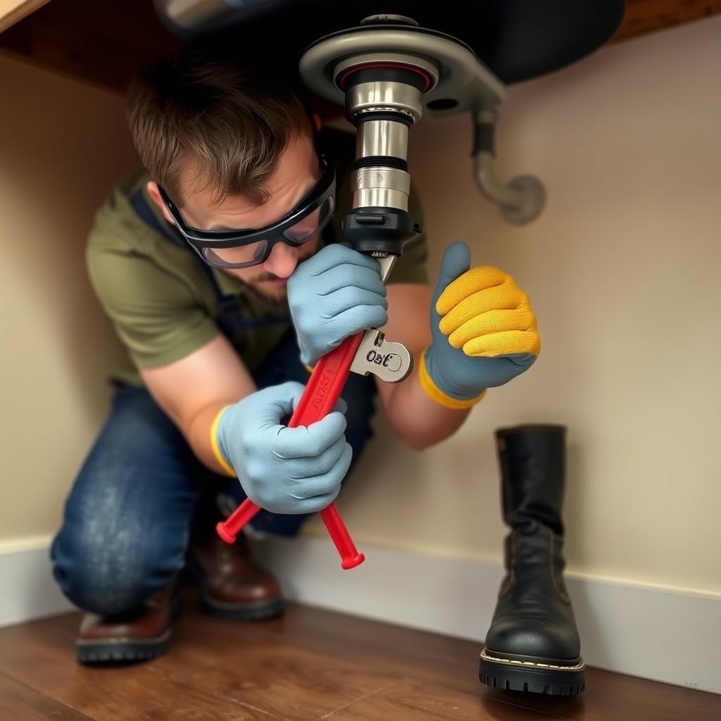 DIYer in safety gear fixing plumbing