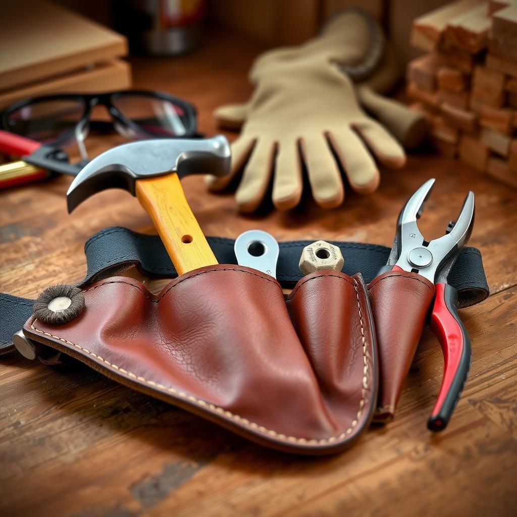 Leather tool belt with hammer, screwdriver, and safety gear on a workbench.