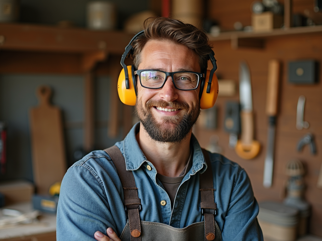 A woodworker properly equipped with safety gear.