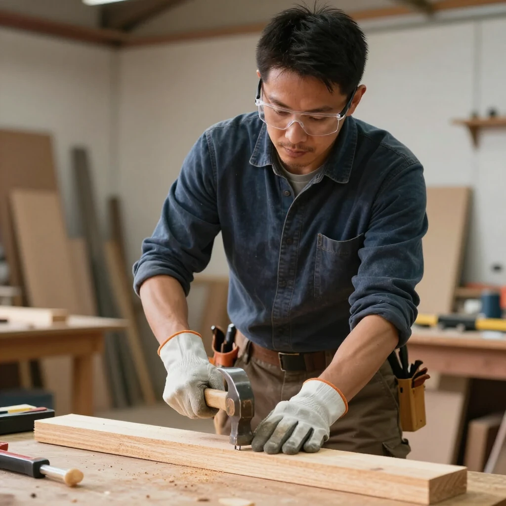 Carpenter safely using a hammer in proper protective gear