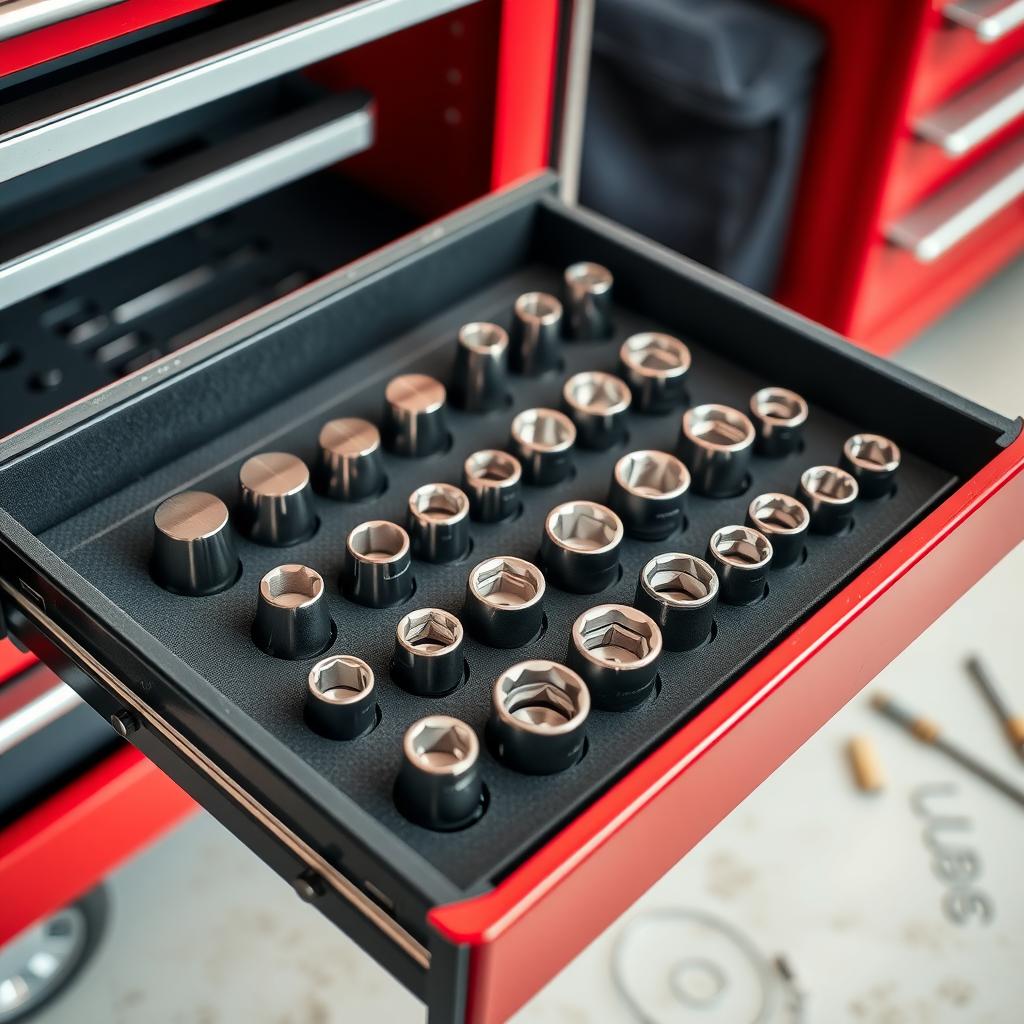 Chrome socket set organized in a foam insert inside a toolbox drawer