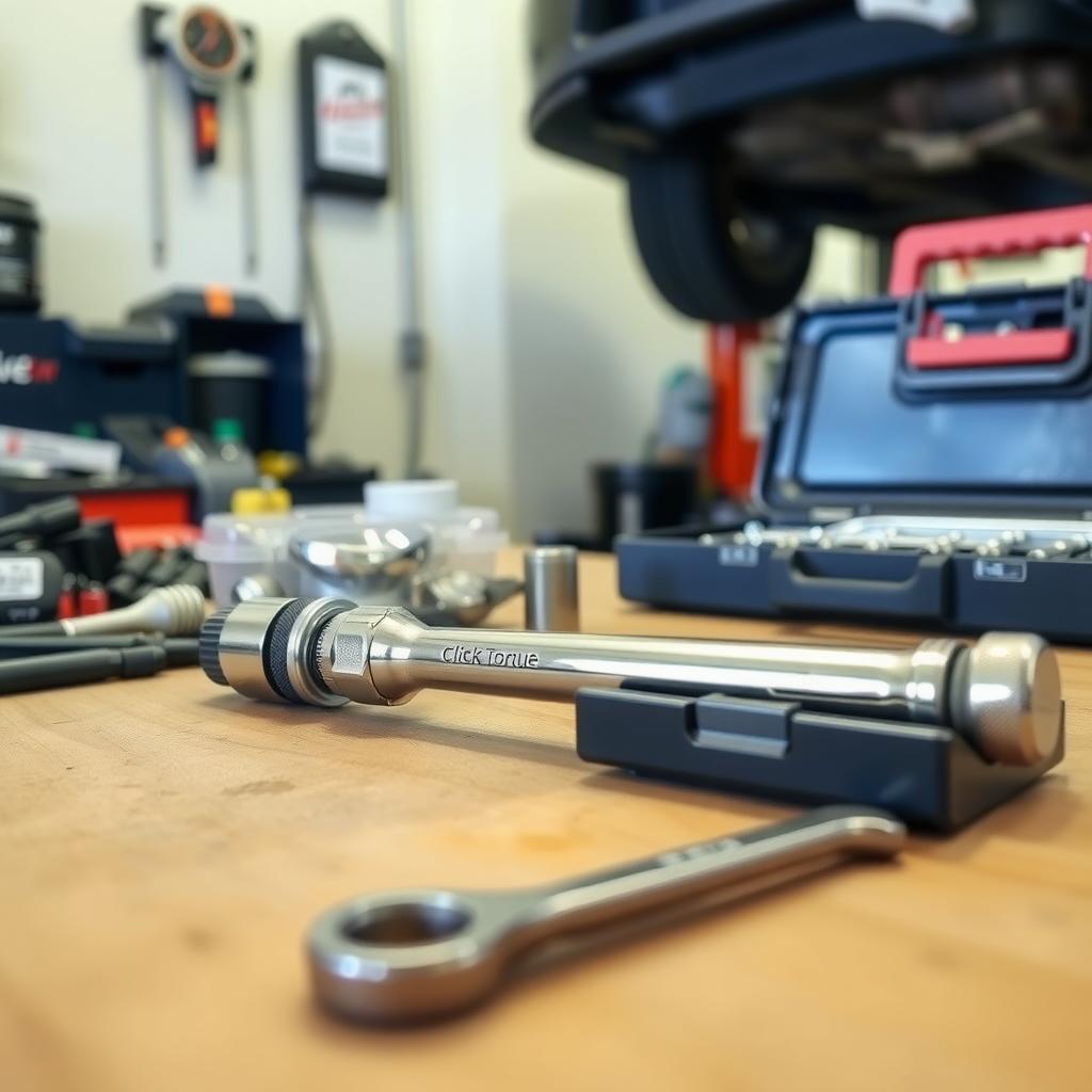 Organized workbench with a torque wrench and other automotive tools in a garage.
