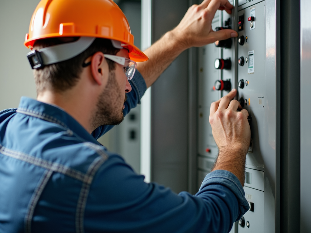 Electrician wearing hard hat and safety glasses