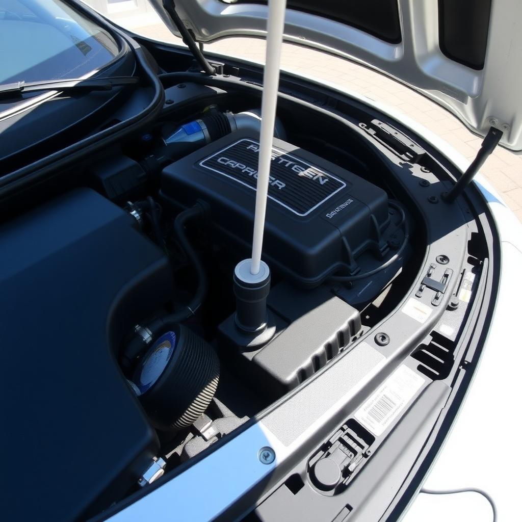 Close-up of a car engine with a visible dipstick in a well-lit driveway