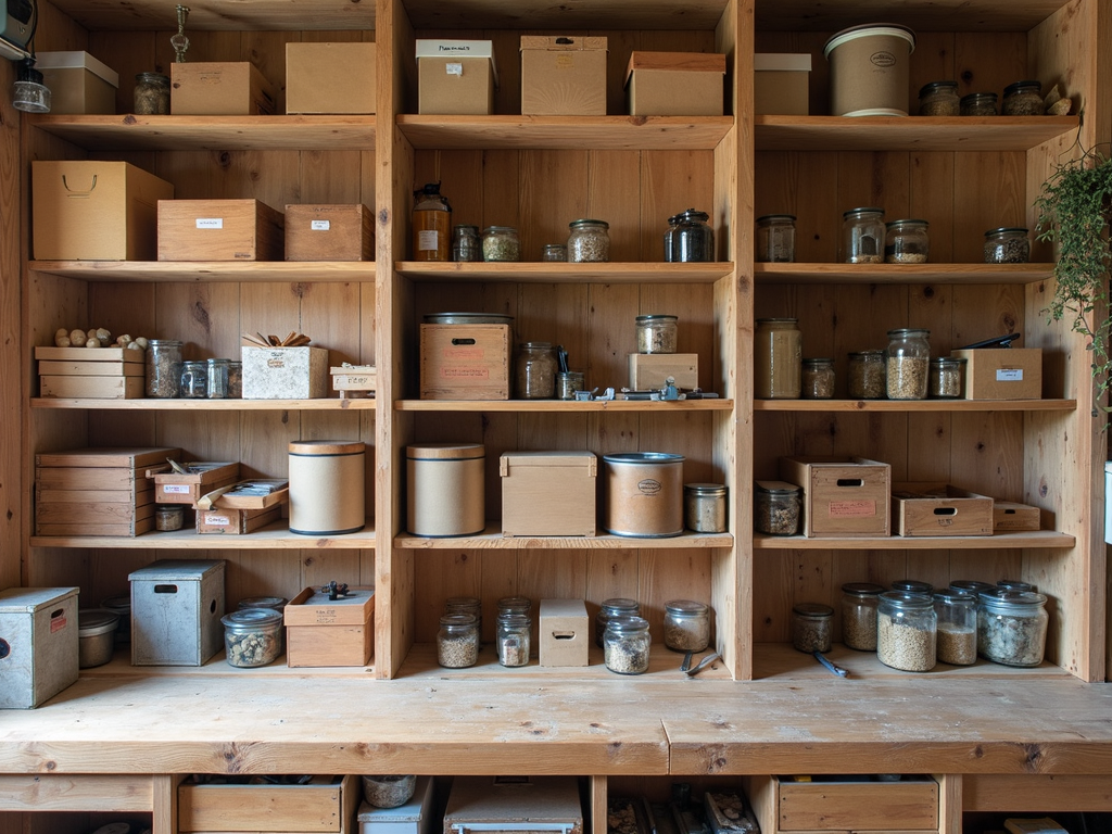 Shelves providing vertical storage in a workshop.