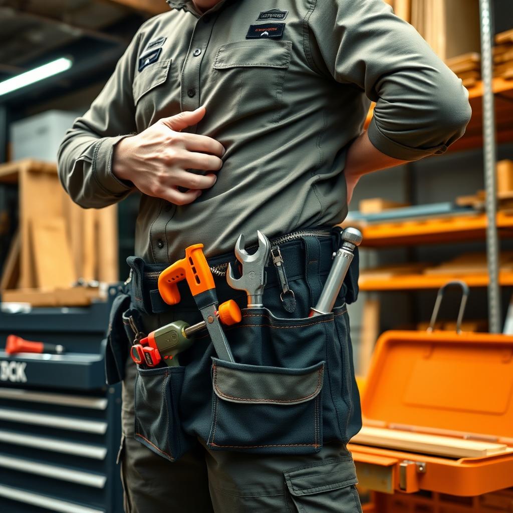 Worker adjusting an ergonomic tool belt in a workshop