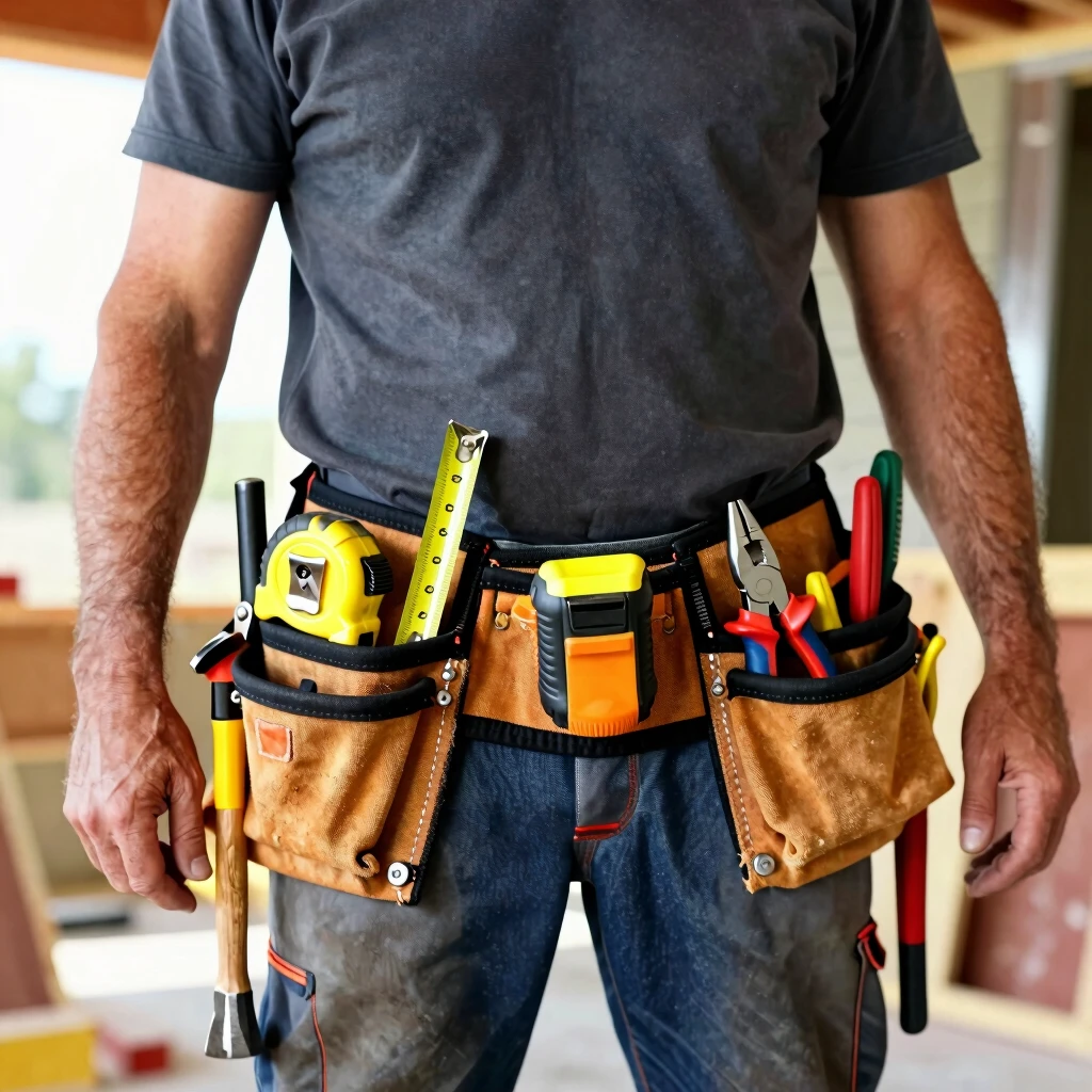 Contractor with loaded tool belt on a construction site