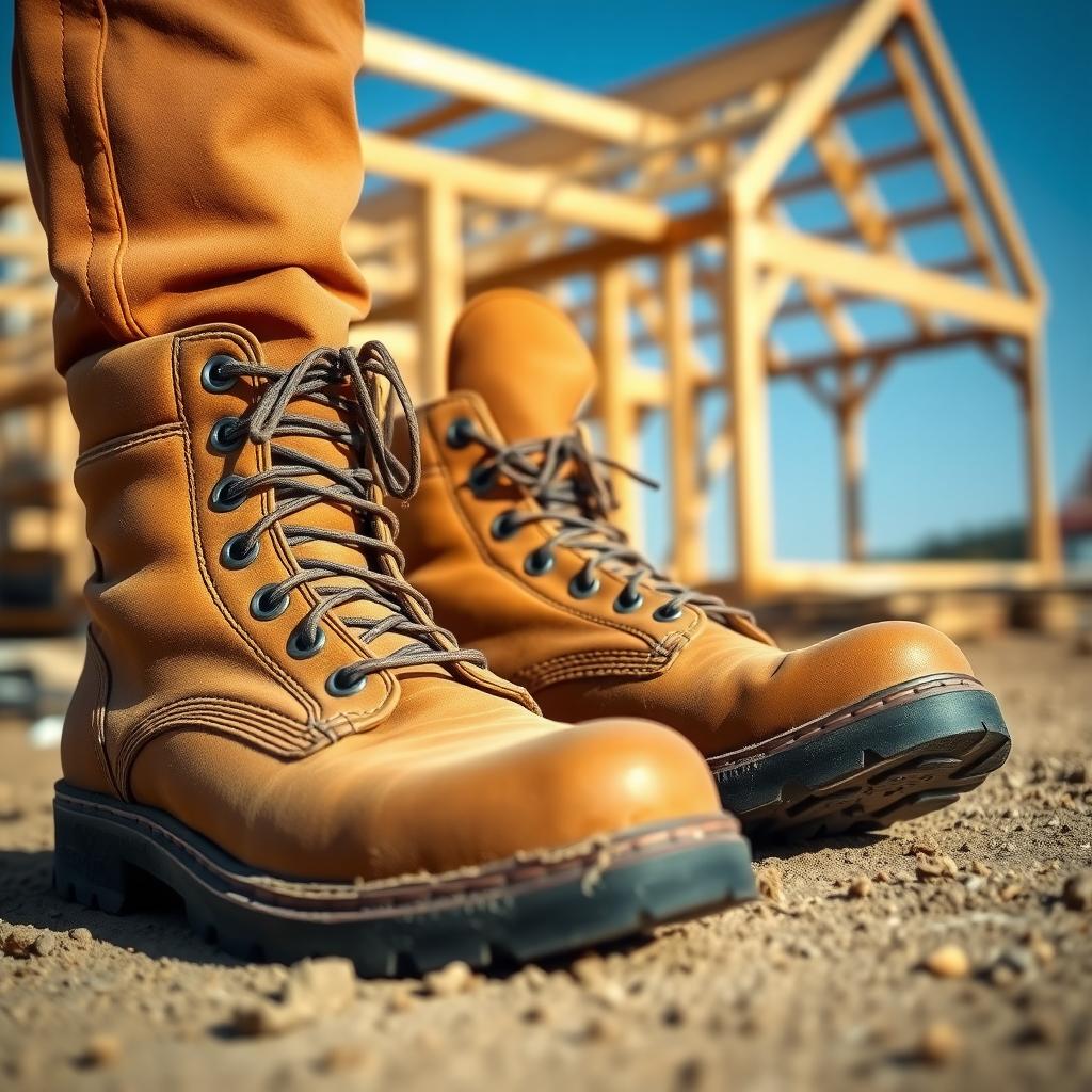 Close-up of tan leather work boots on a construction site with lumber in the background.