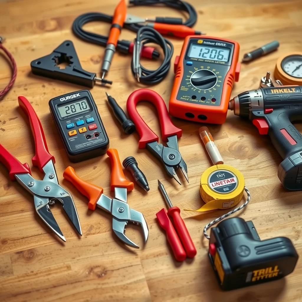 Assortment of essential electrical tools neatly arranged on a wooden workbench