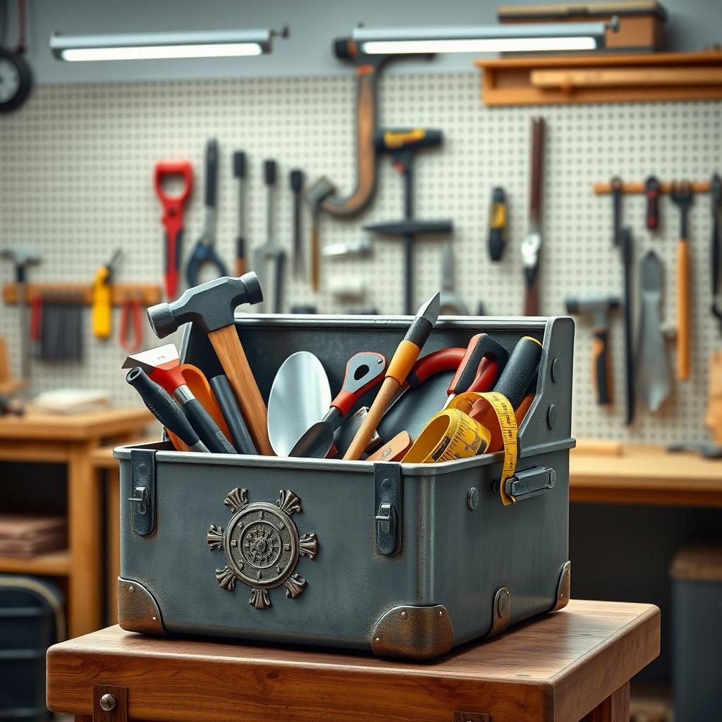 A metal toolbox with neatly organized construction tools on a workbench in a tidy workshop.