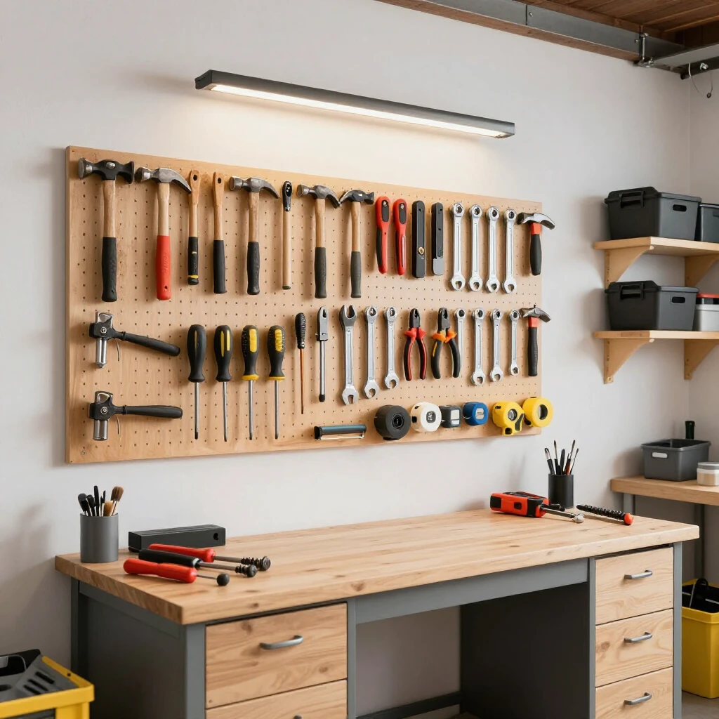 Organized small workshop with pegboard tool storage on the wall