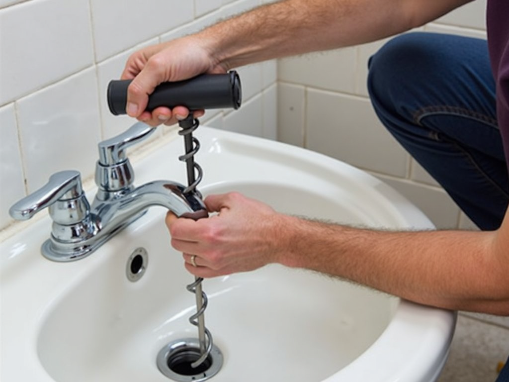 Plumber using a drain auger to clear a clog