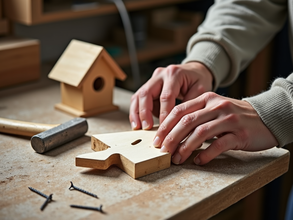 Beginner sanding wood for an easy DIY birdhouse project with a hammer nearby