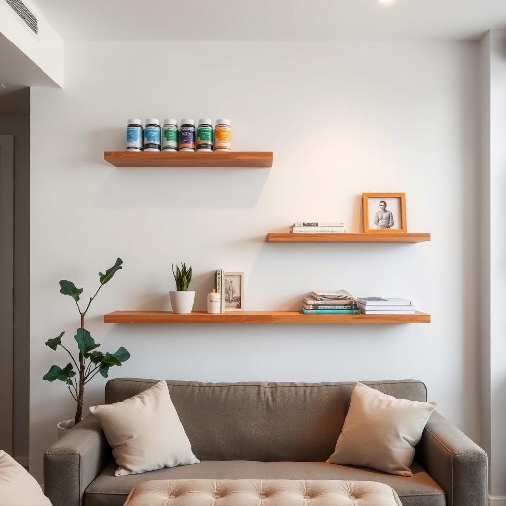 A small living room with floating shelves holding paint cans and a plant, alongside a storage ottoman.