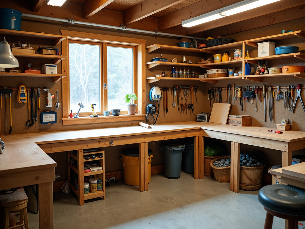 A clean and organized woodworking workshop.