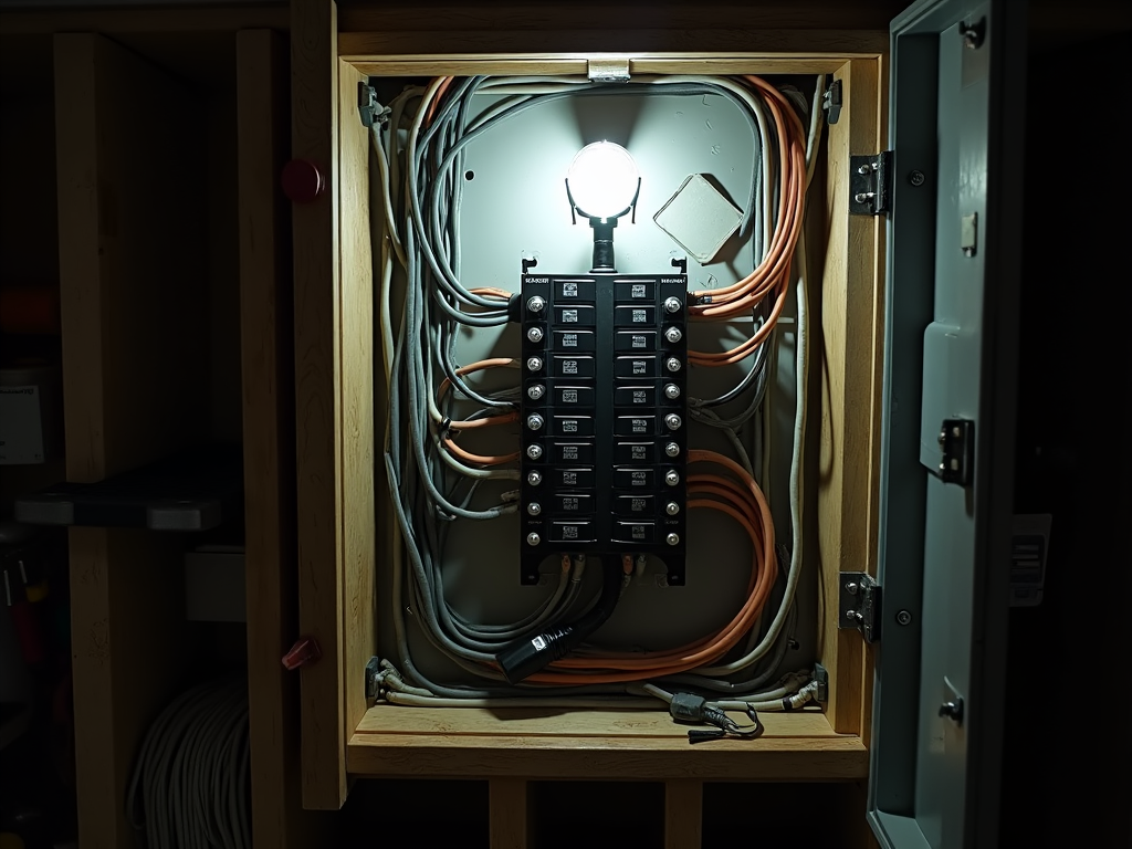 A well-organized electrical panel with labeled wires and proper grounding, showcasing safe wiring practices.