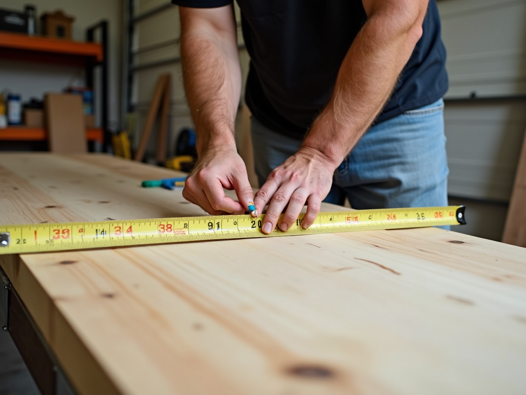 Measuring wood with tape measure