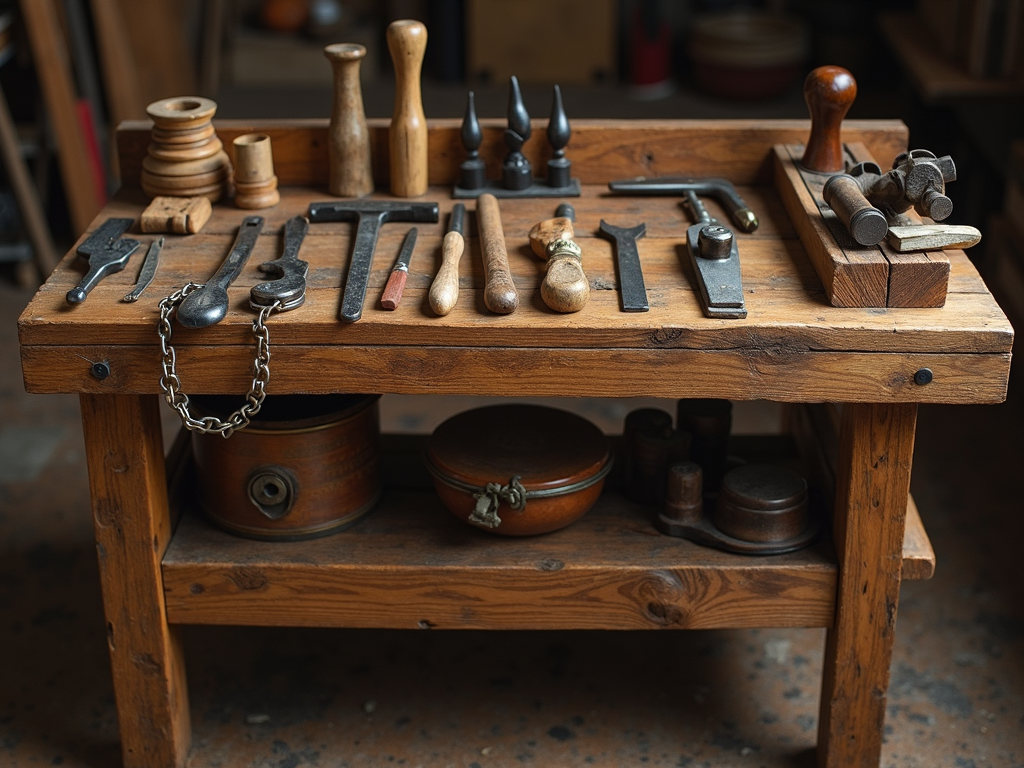 A traditional wooden workbench with hand tools