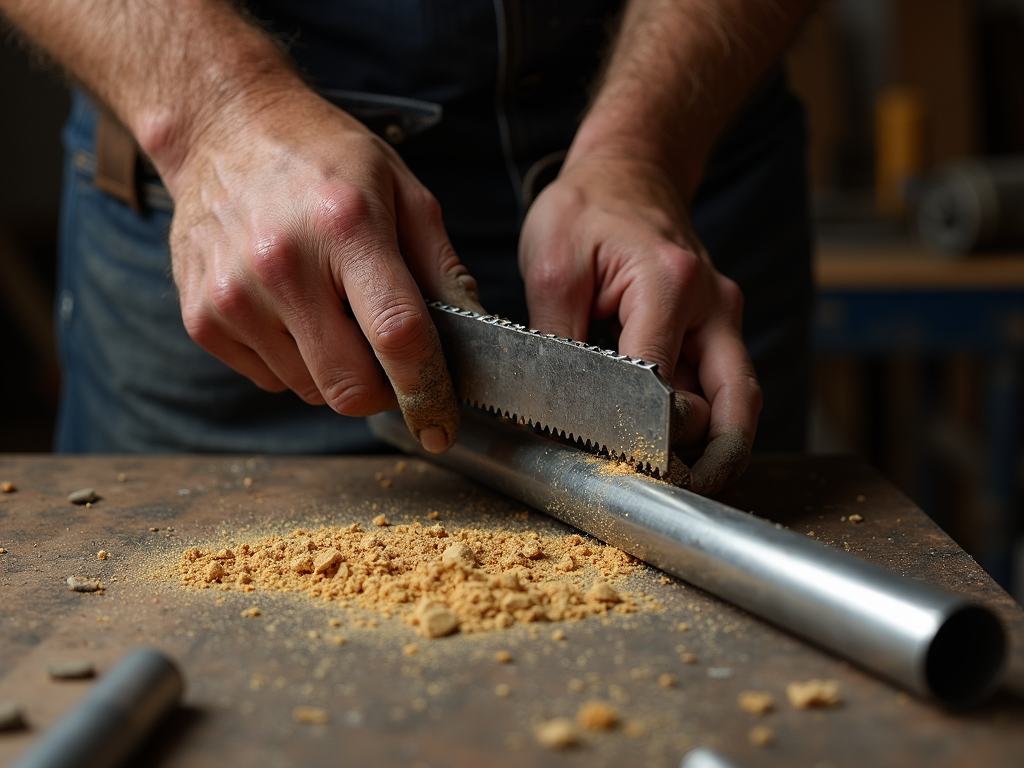 Workman cutting metal pipe with hacksaw