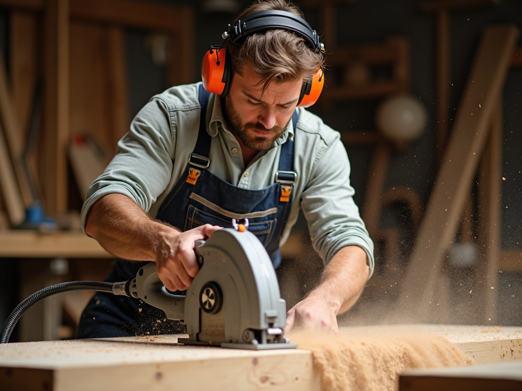 Woodworker with earmuffs using a power saw