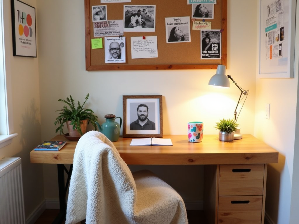 A home office personalized with plants, photos, and cozy elements.