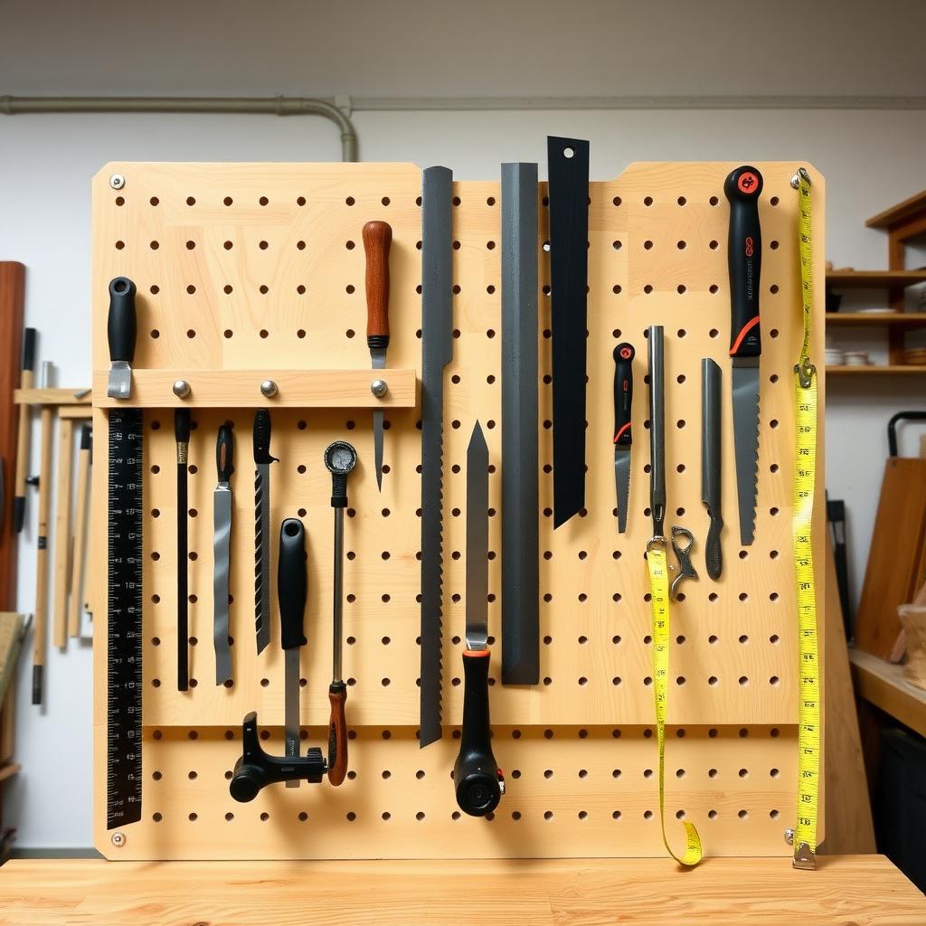 A pegboard in a woodworking shop with neatly hung saws, chisels, and a measuring tape, set against a clean, modern workshop.