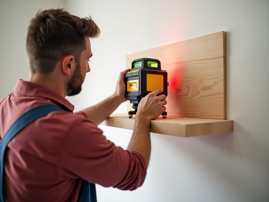 Contractor using a laser level for shelf installation