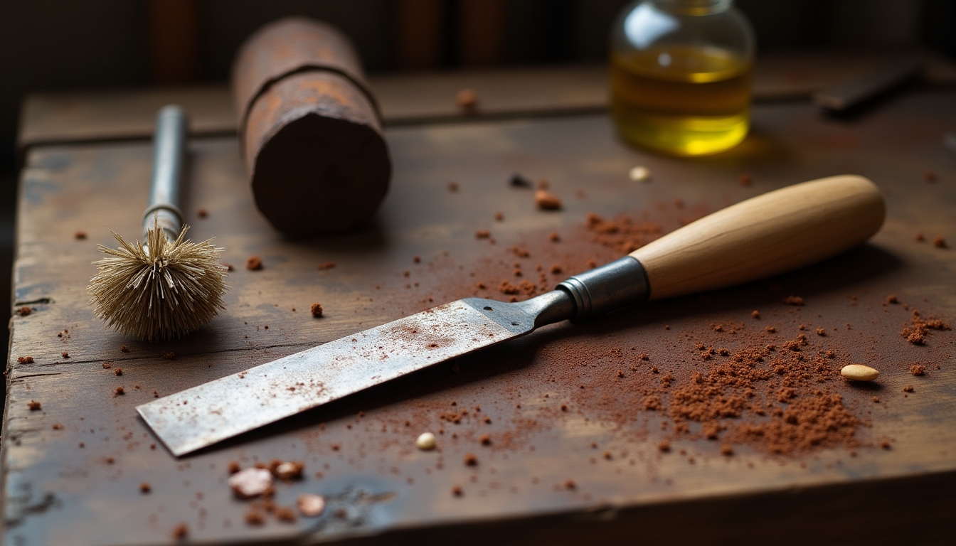 Rusty chisel with maintenance tools