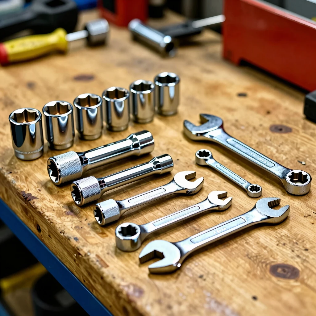 High-quality sockets, ratchets, and wrenches on workbench