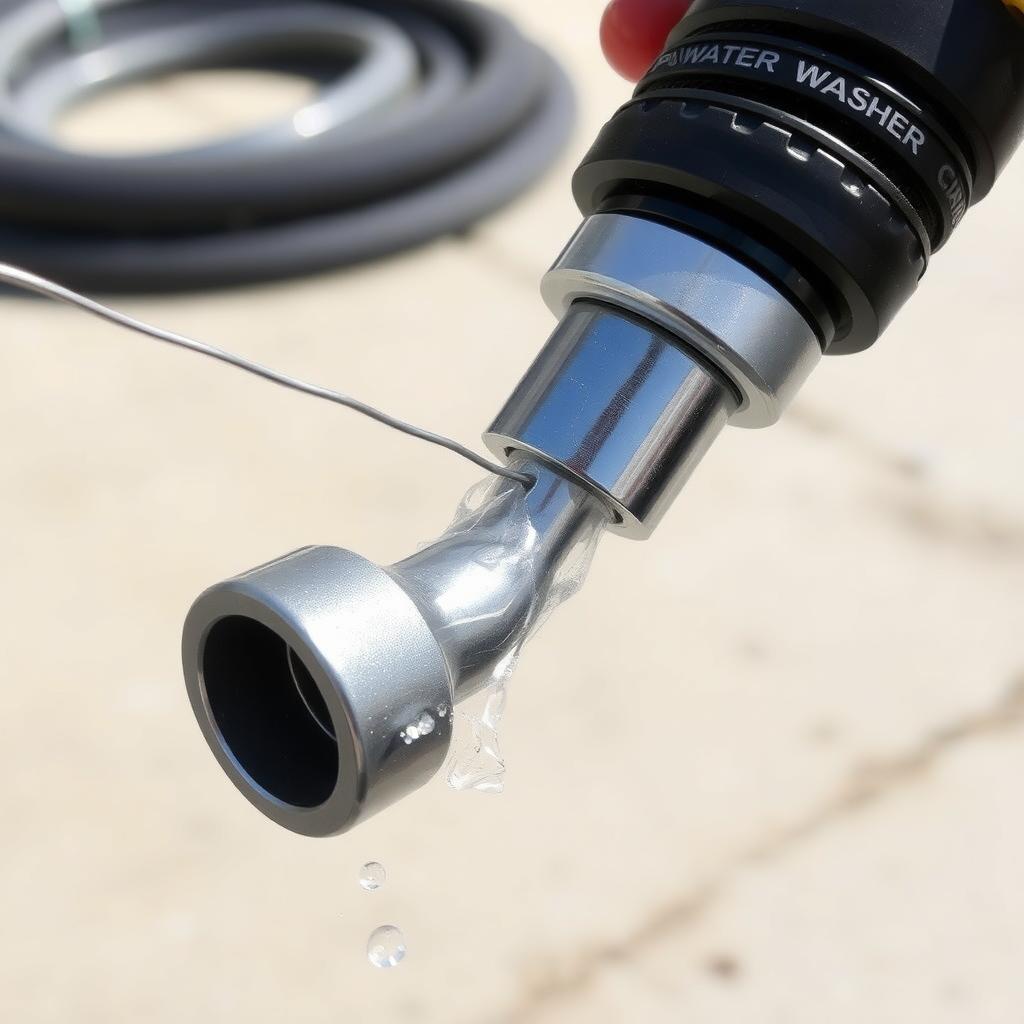 Close-up of a power washer nozzle being cleaned with a wire, with a hose and concrete surface in the background.
