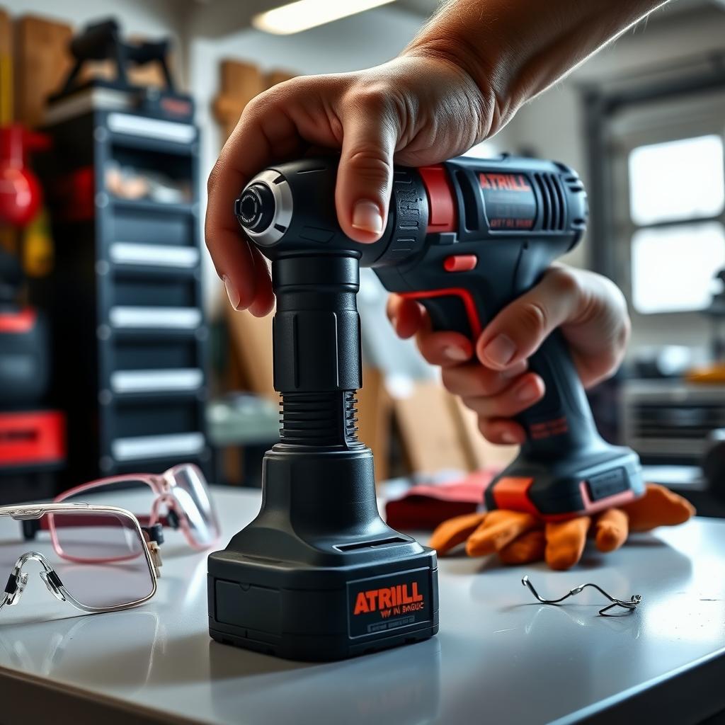 Hands inspecting a cordless power drill on a workbench with safety gear nearby