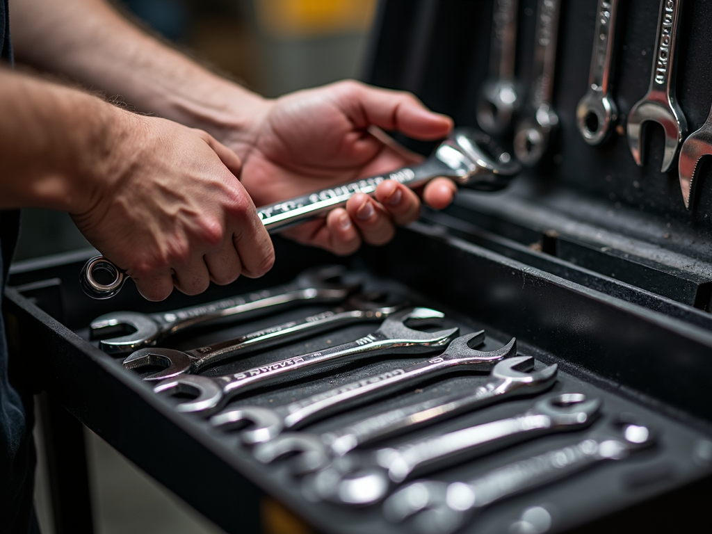 Choosing the right wrench size from an organized toolbox.