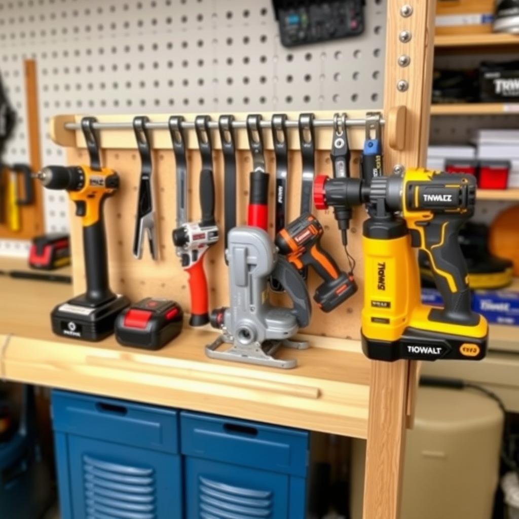 Organized tool rack displaying cordless drill, jigsaw, and impact driver in a tidy workshop.