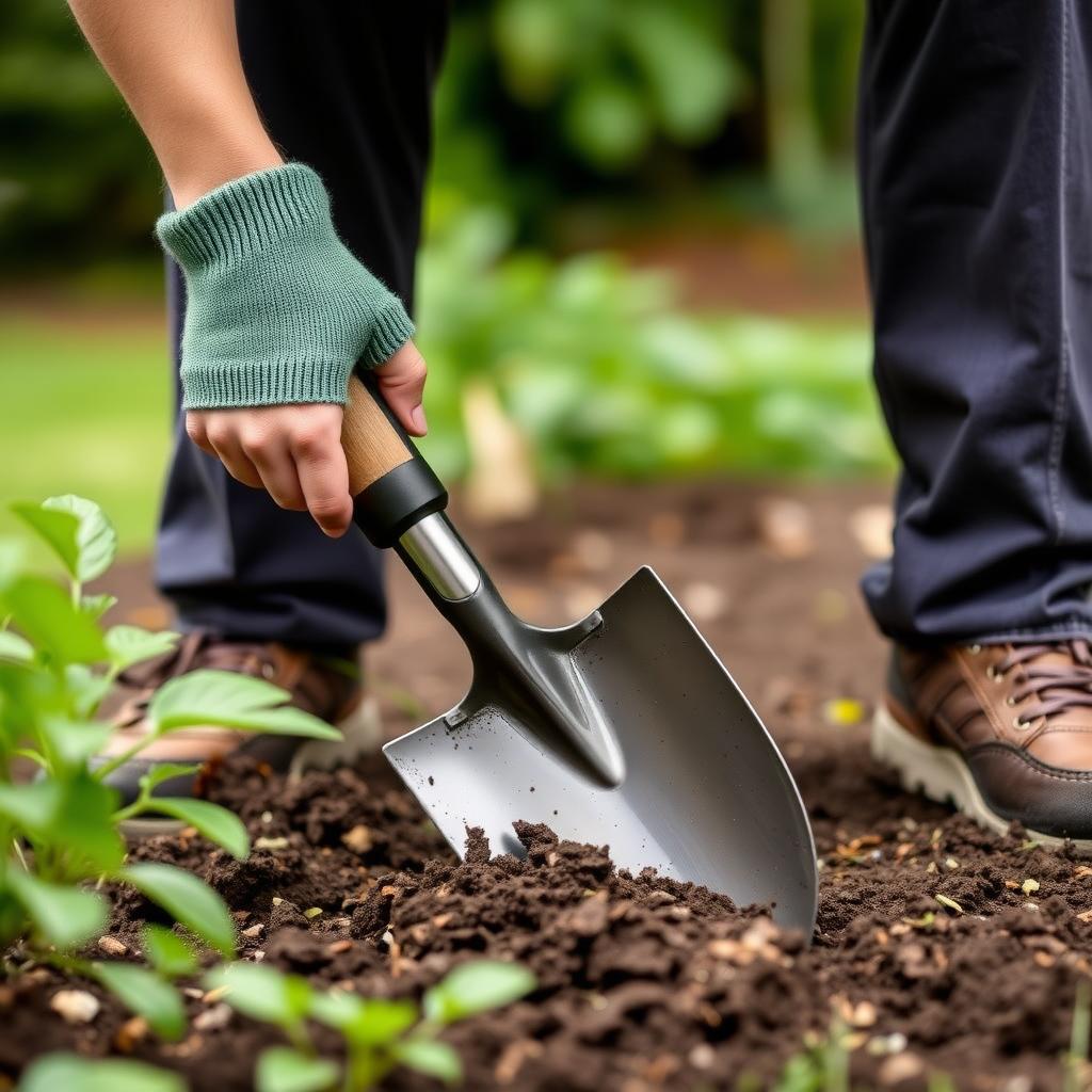 Gardener using ergonomic shovel