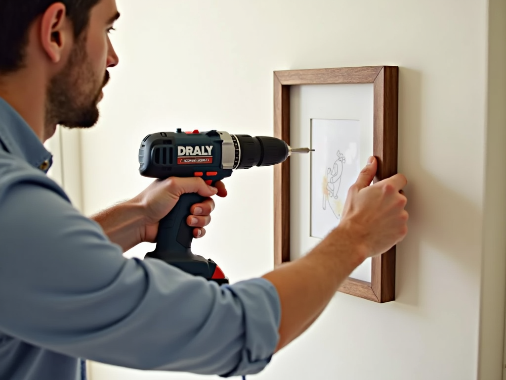Using a cordless drill to hang a picture frame