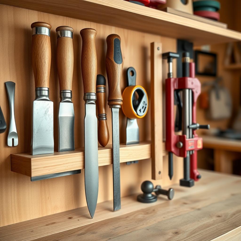 A workbench shelf displaying neatly arranged tools including chisels, a measuring tape, a hand plane, and clamps.