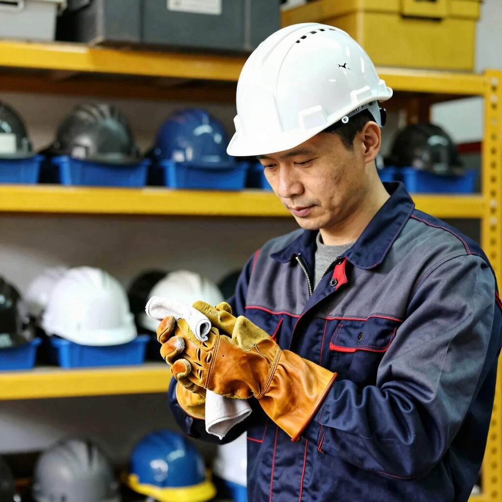 Worker performing routine maintenance on safety helmet and gloves