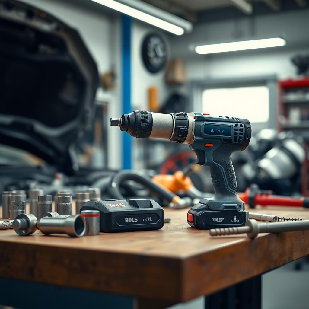Cordless impact wrench on a workbench in a garage with automotive tools and a car engine in the background.