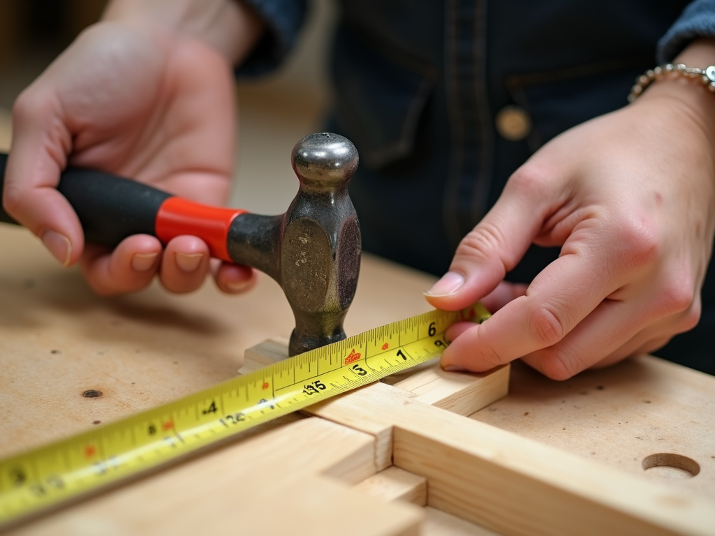 A beginner using a measuring tape and hammer for a DIY project.
