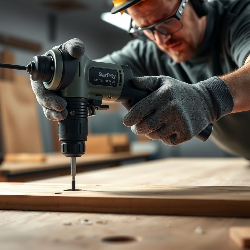 Person safely drilling into wood with a power drill, wearing protective gear