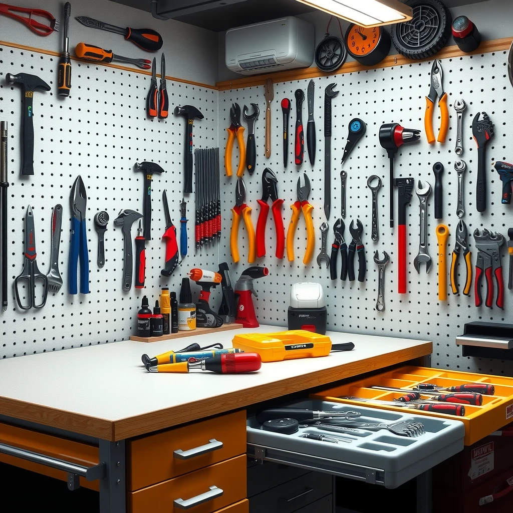Neatly organized workbench full of clean hand tools ready for use