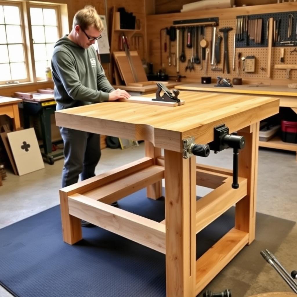 Woodworker using a hand plane on an ergonomic workbench with a thick oak top and organized workshop tools in the background.