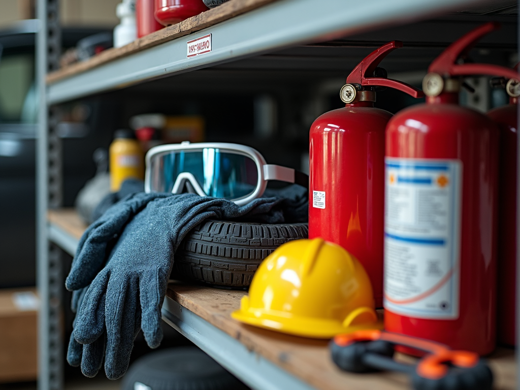 Essential safety gear for DIY auto repair, including gloves, goggles, and a fire extinguisher.