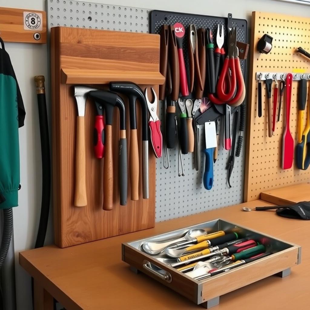 A DIY wooden tool rack and repurposed silverware tray organizing hand tools in a cozy garage.