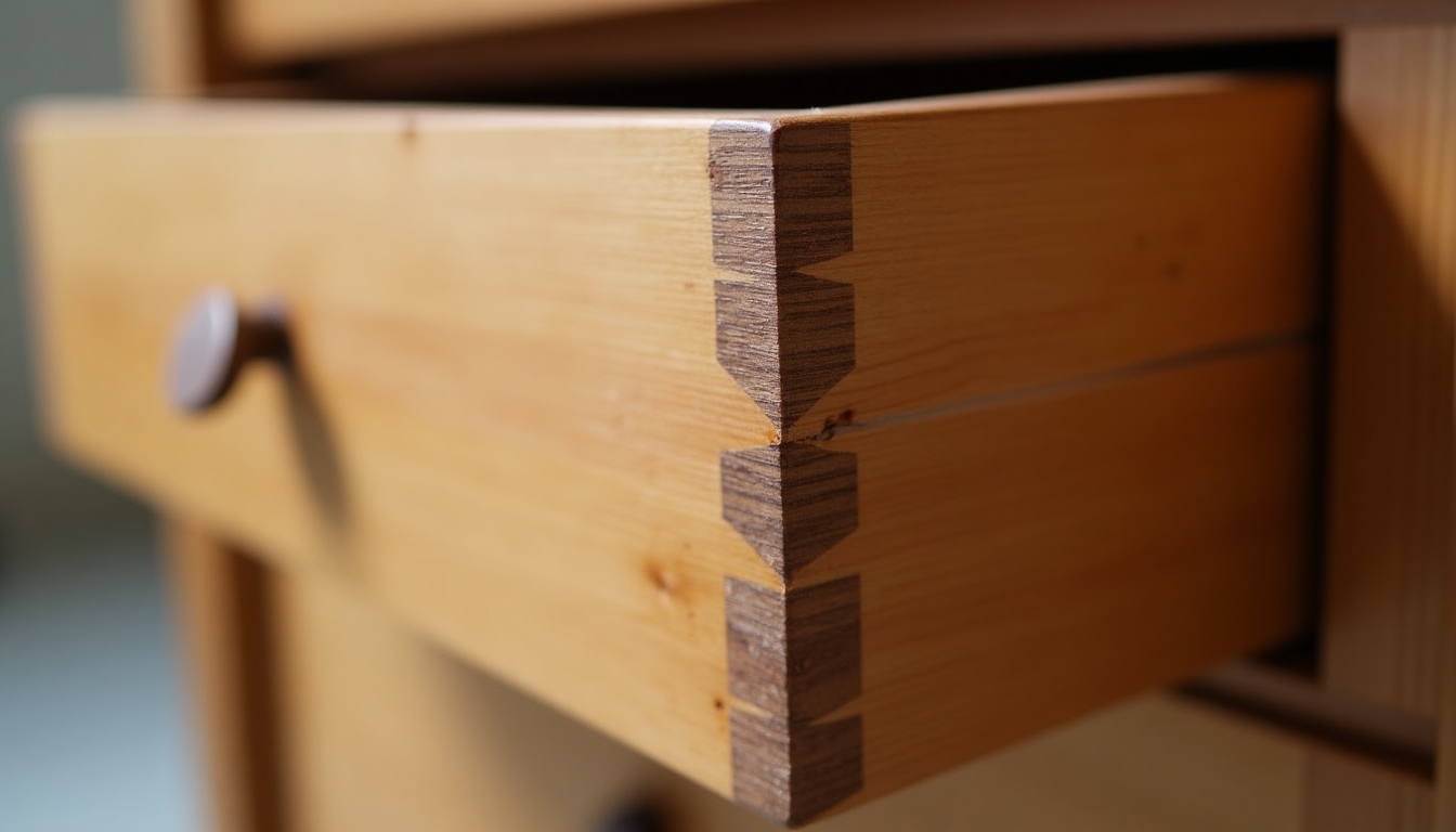 Finished dovetail joint on cherry wood drawer