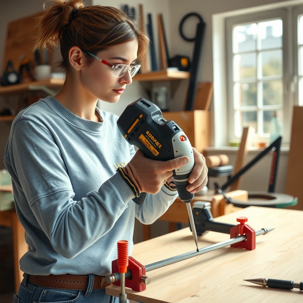 Woman demonstrating safe and effective power drill usage