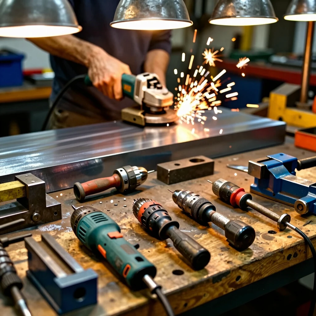 Organized workshop with power tools for metalworking in action