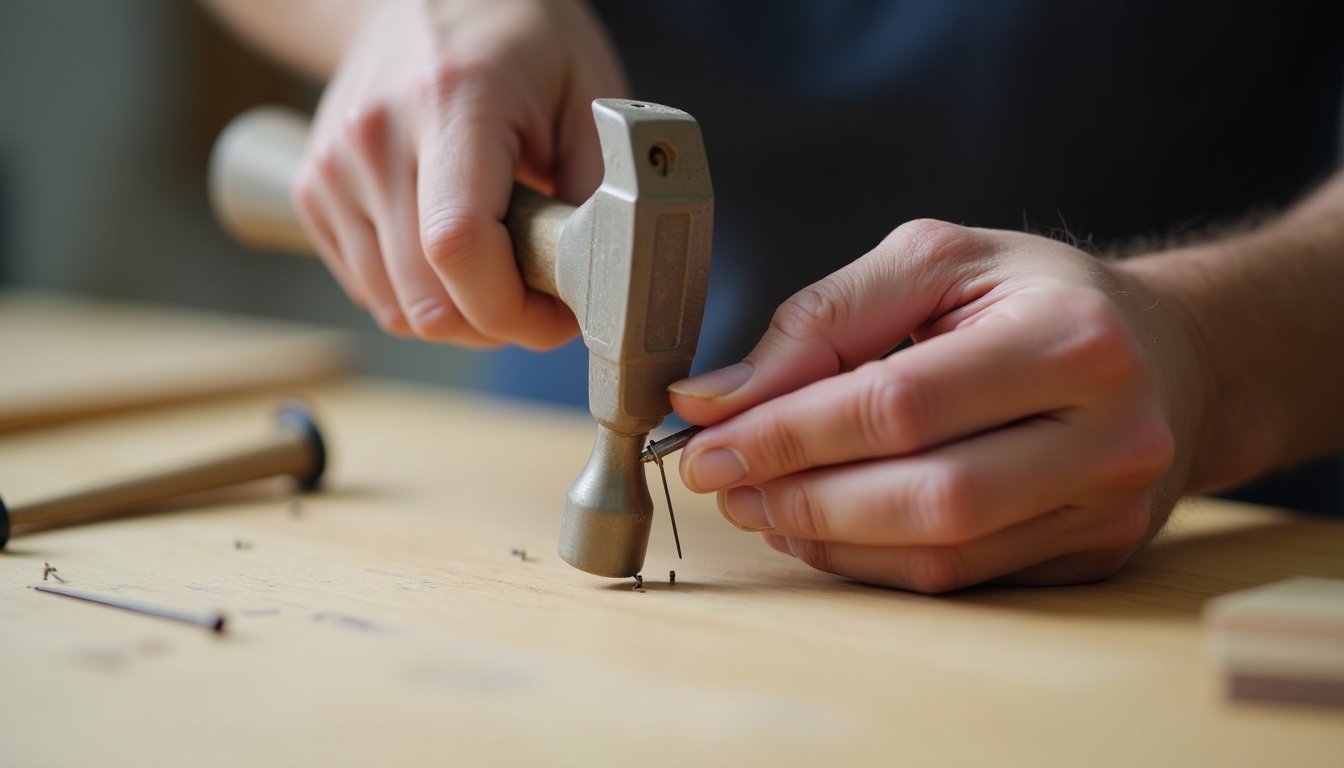 A person precisely driving a nail into wood with proper hammer technique